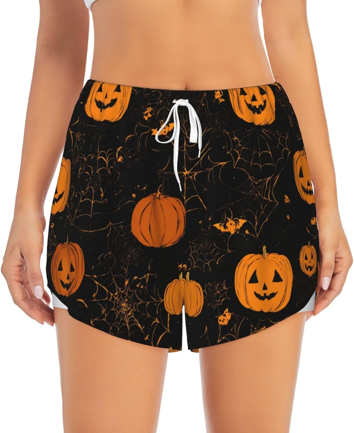 Women's Halloween Pumpkin Print Athletic Shorts,Shorts Yoga Active Workout Running Shorts with Pockets