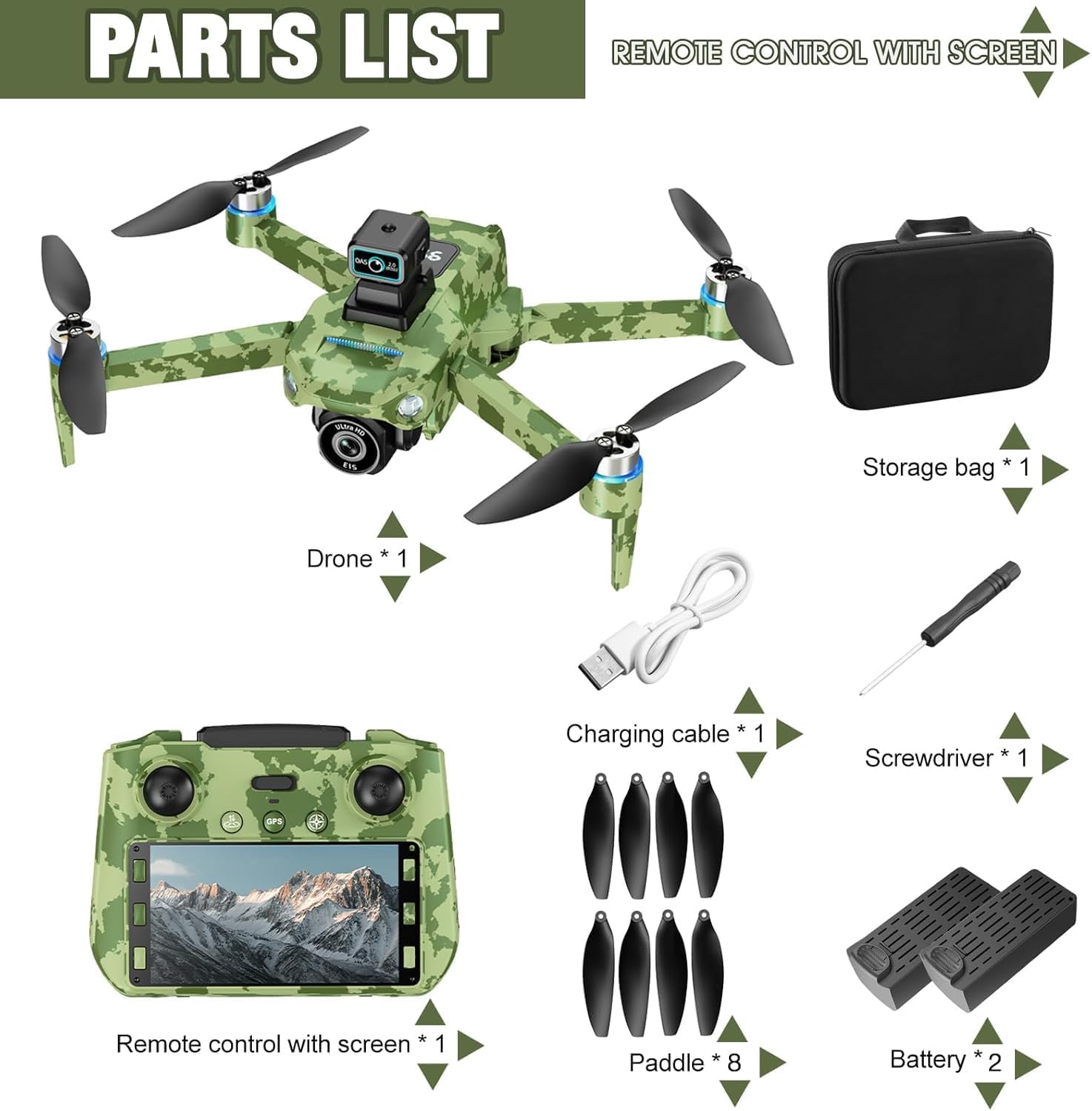 GPS Drone with Camera 4k,5.9-Inch Screen Controller,Dual Camera, Auto Return, Obstacle Avoidance, Stable Flight, Camouflage Color, Includes Two Batteries