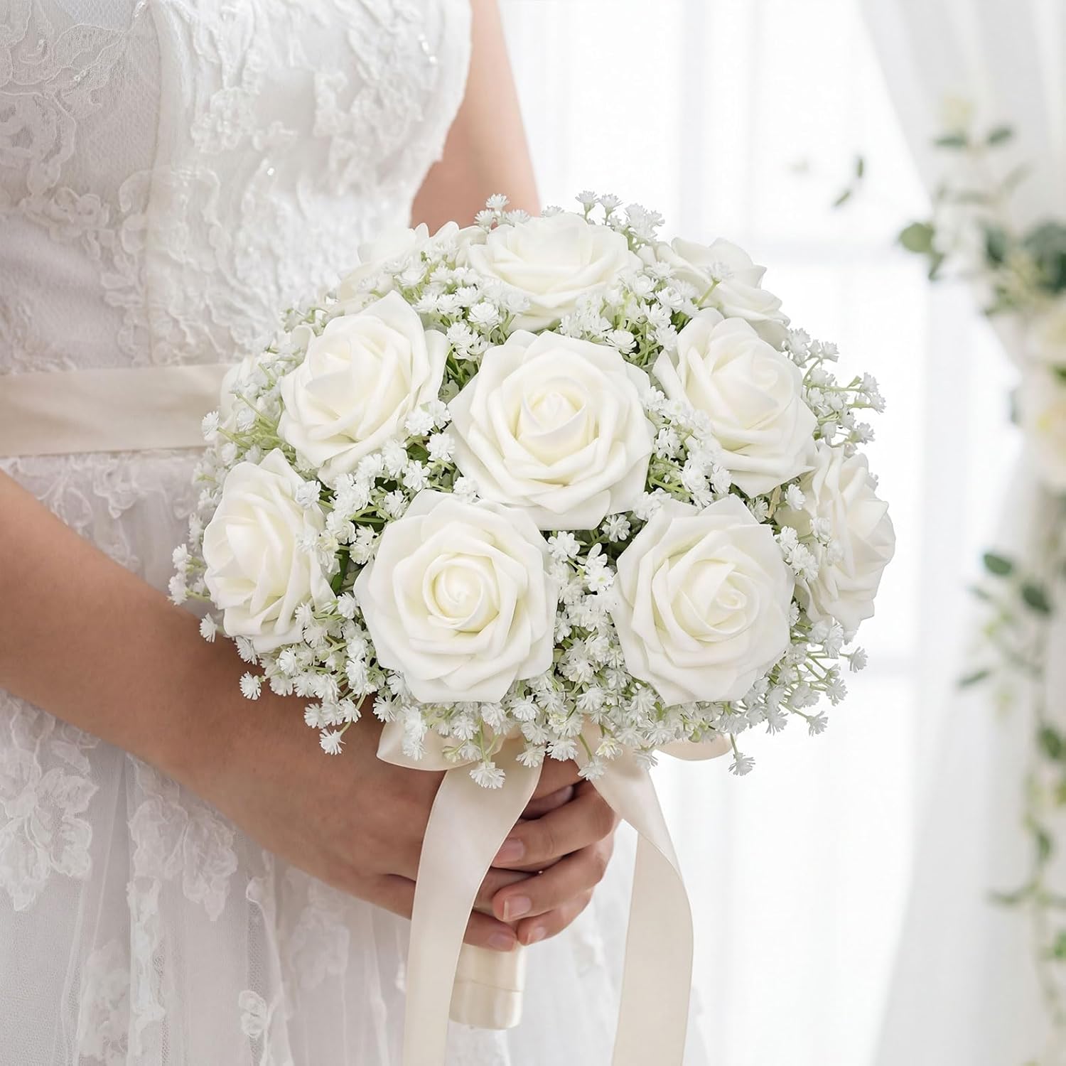 90Pcs Babys Breath Artificial Flowers Mixed with White Roses with Stems, Real Looking Ivory Roses & White Gypsophila Bouquet for Wedding Centerpieces Bridal Shower Vase Home & Outdoor Decor