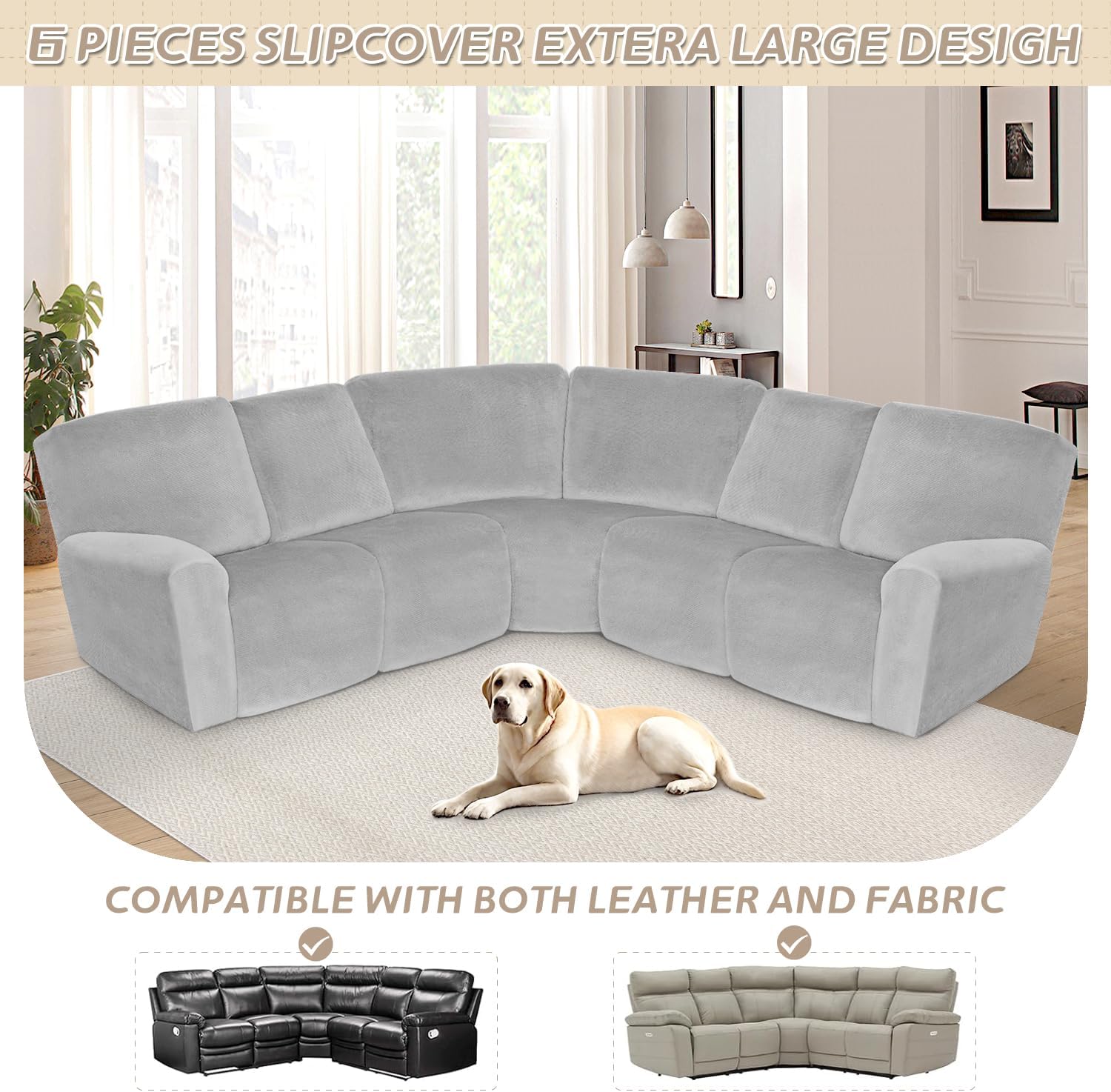 Arfntevss Sectional Recliner Couch Covers Velvet Corner Sectional Sofa Cover for Reclining Couch Stretch Soft L Shape Recliner Slipcover Thick U Shaped Washable Protector (5 Seat Cover, Silvery Gray)
