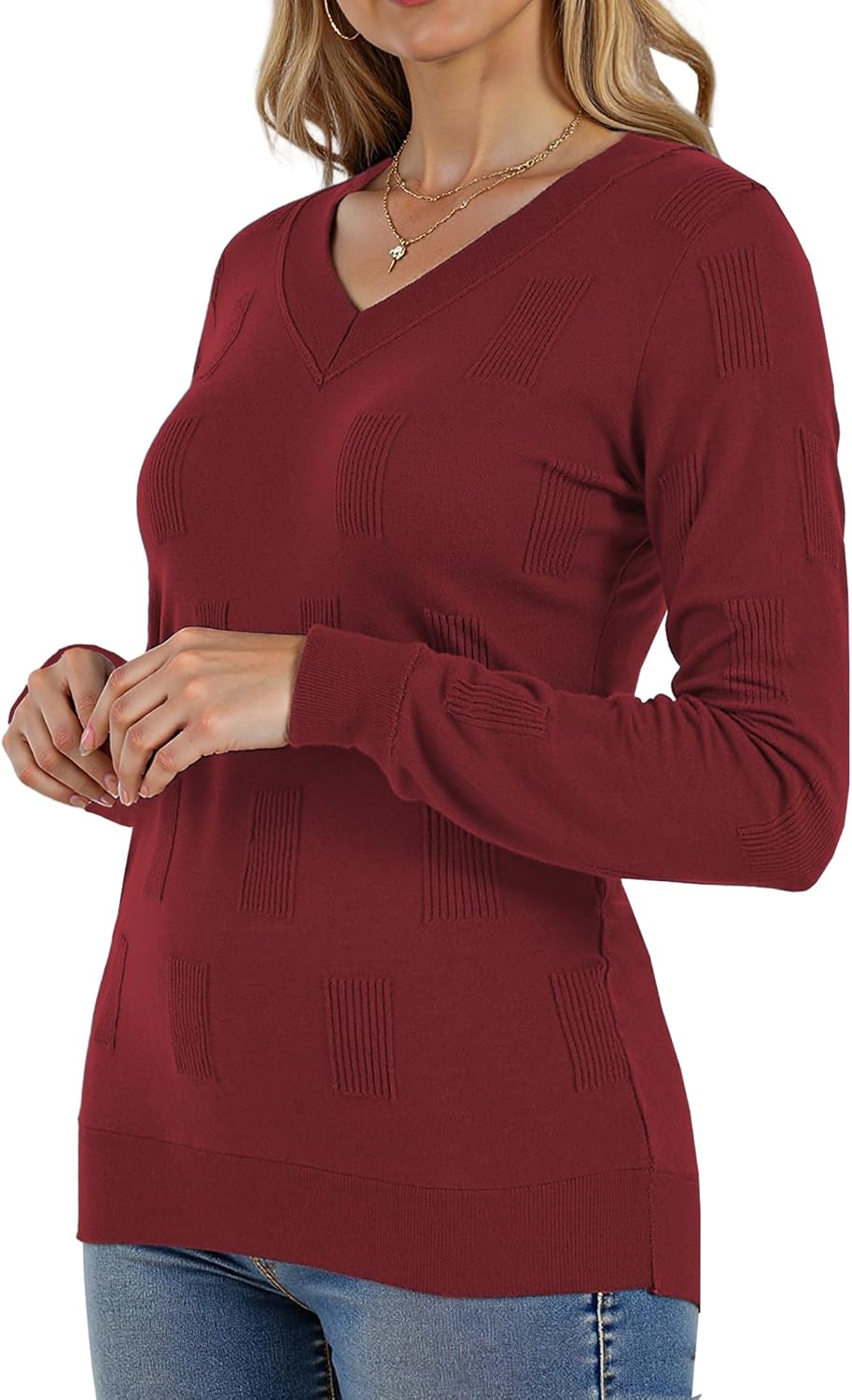 Buauty Womens 2024 Fashion V Neck Long Sleeve Knitted Ribbed Pullover Sweaters Casual Lightweight Loose Fit Jumper Tops Jujube Red - Image 3