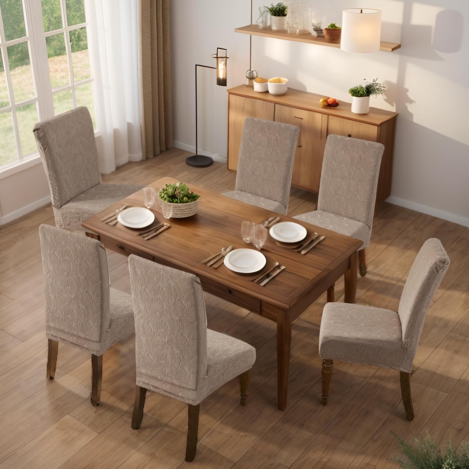 Genina 100% Waterproof Dining Room Chair Covers Set of 4 Stretch Kitchen Chair Covers Parsons Chair Slipcovers for Dining Room Chair Protector Cover, Removable, Washable (Leaf Pattern-Taupe)