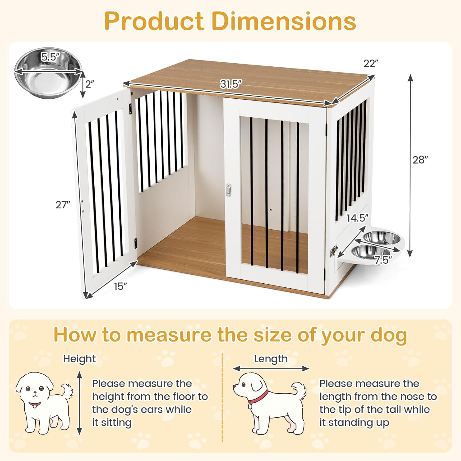 Tangkula 31.5” Dog Crate Furniture, Indoor Wooden Dog Kennel with Double Lock Doors, 360° Rotating Feeder, Bowls, Versatile Decorative Pet Cage House for Small Medium Dogs (White)
