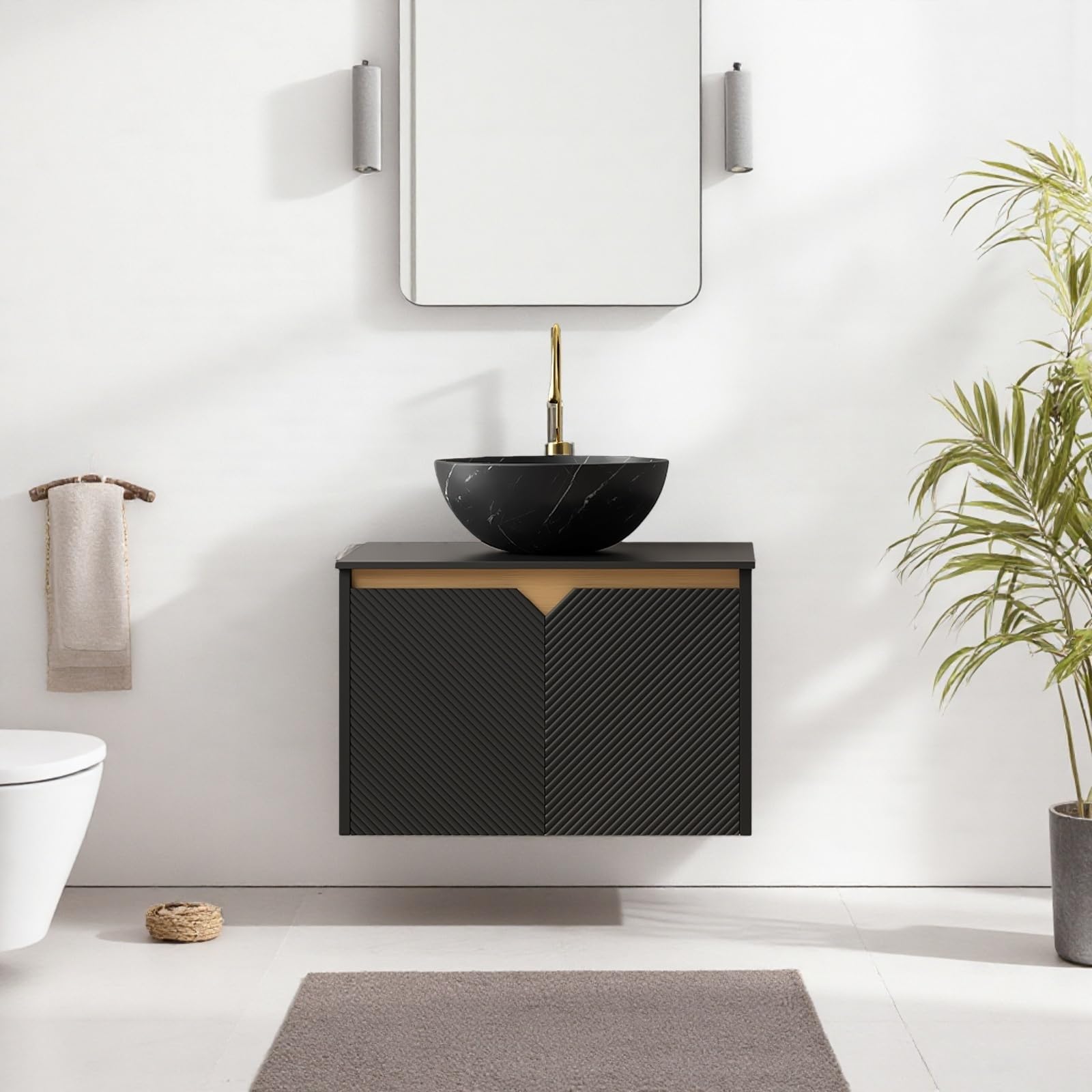 24" Bathroom Vanity with Sink, Wall-Mounted Bathroom Vanity with Black Bowl Ceramic Vessel Basin, Modern Plywood Floating Vanity with Twill Double Doors, Bathroom Storage Cabinet, Black