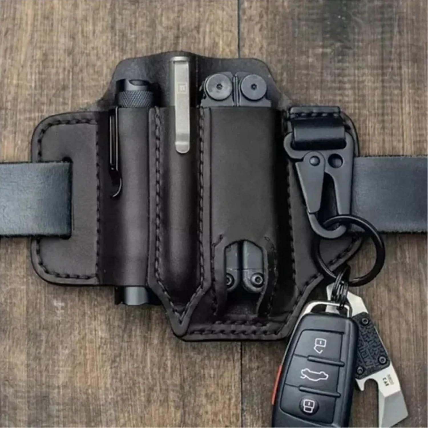 Secure 4 PCS Outdoor Multitool Belt Leather Bag Tactical EDC Storage Holster Cover(Brown)