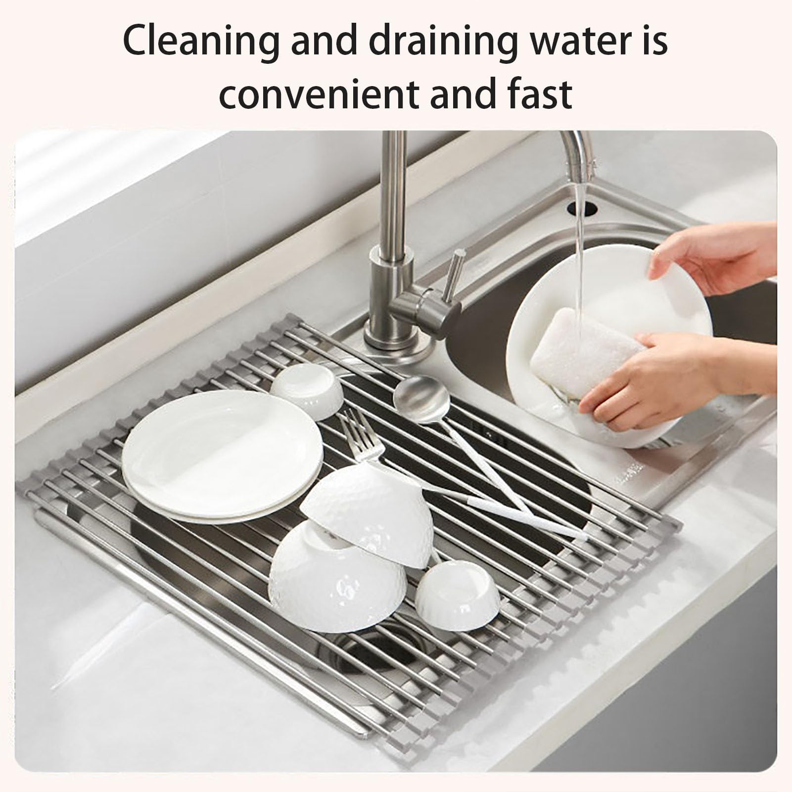 Escurridor de platos de acero inoxidable para fregadero de cocina, escurridor de platos enrollable que ahorra espacio, uso en interiores y fácil de limpiar