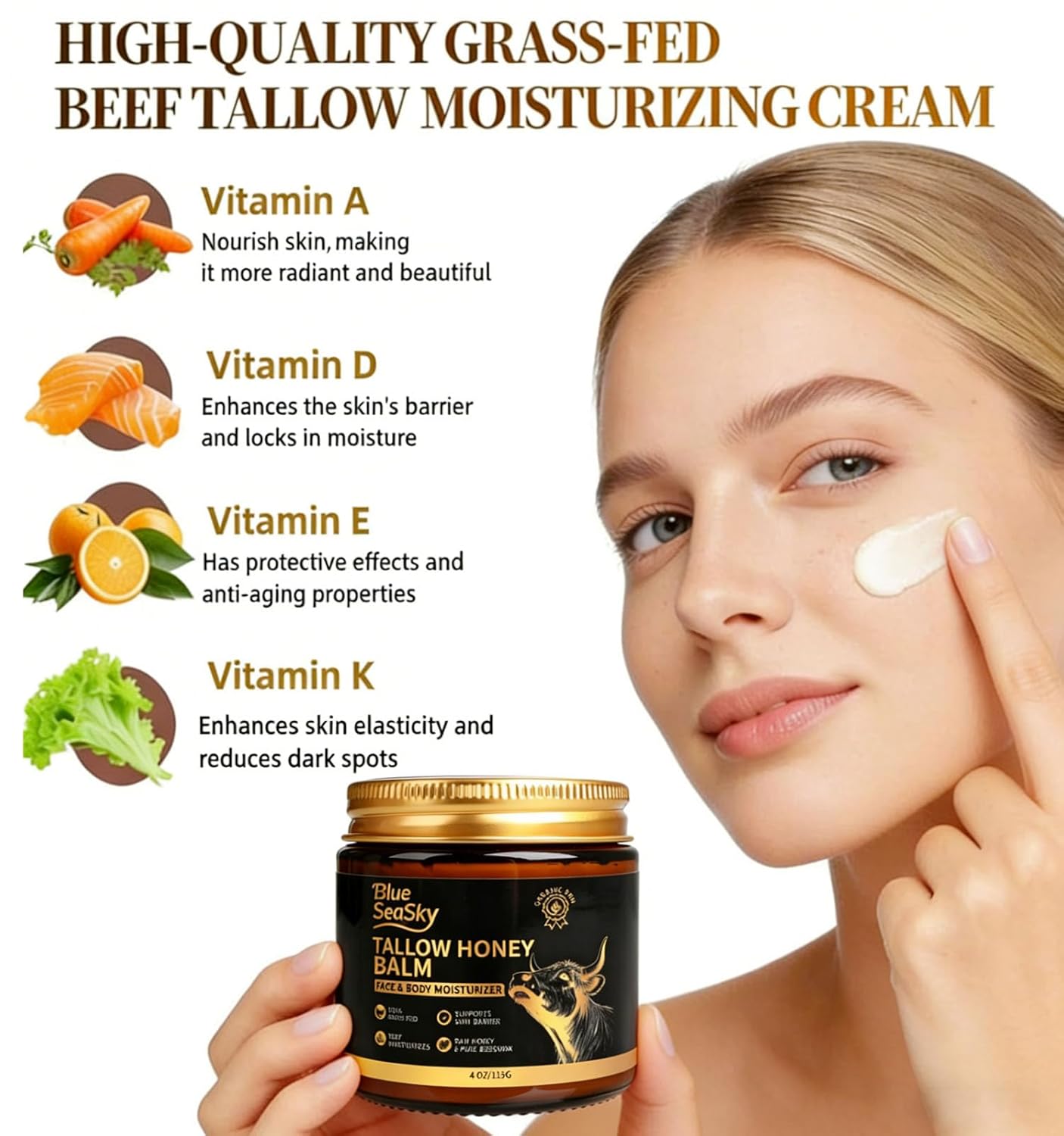 Upgraded Beef Tallow for Skin Handmade Whipped Organic Grass-Fed Tallow and Honey Balm for Eczema & Rosacea,Non-Comedogenic,Beef Tallow Face Moisturizer for Dry, Sensitive Skin(4oz Unscented) - Image 3