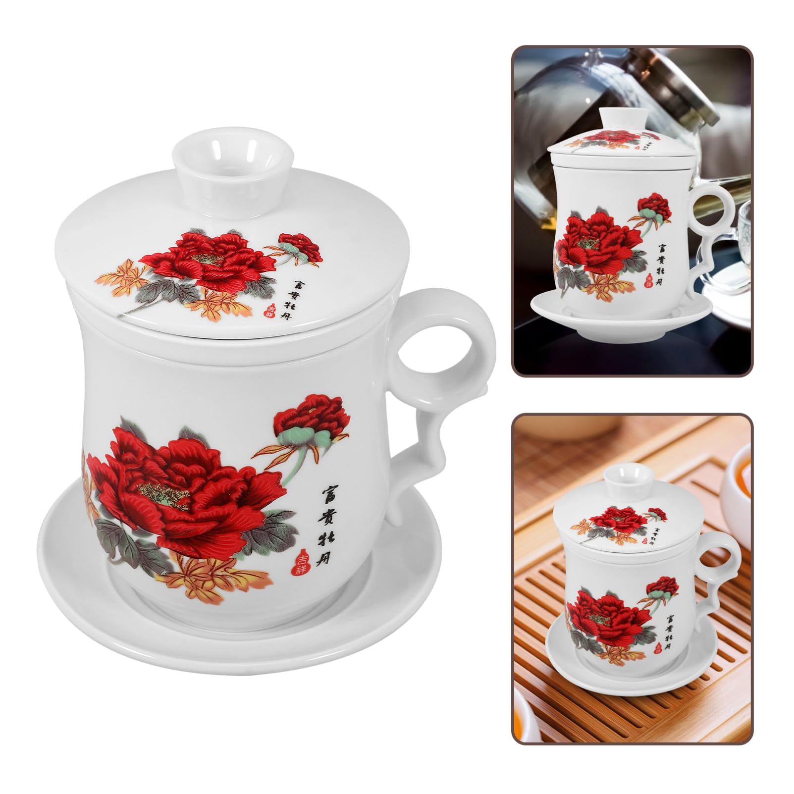 Zerodeko Tasse à Thé et Soucoupe avec Infuseur en Céramique Blanche 320ml Surface Lisse pour Boire Thé aux Fleurs à Bureau