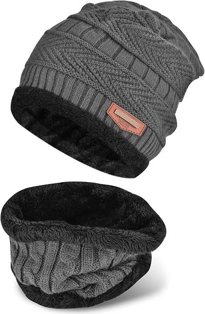 Winter Beanie Hat Scarf Set, Warm Knitted Hat and Circle Scarf, Skiing Hat Neck Warmer, Outdoor Sports Hat Sets with Fleece Liner,Gifts for Men Women