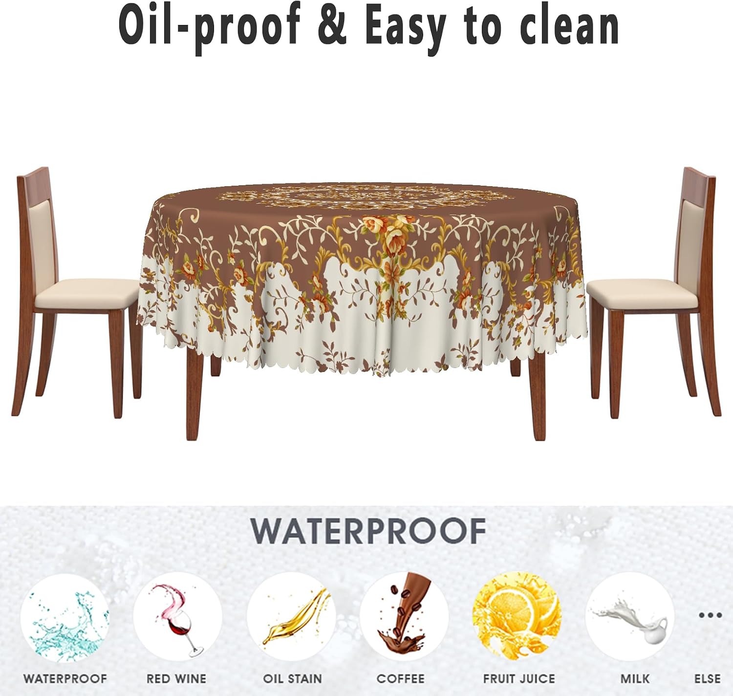 French Floral Circle Tablecloth Brown Flowers Tablecloths Vintage Luxury Classic Design Waterproof Rectangle Polyester Resistant Round Table Cover for Picnic Dinner Decor 60 Inch image 3