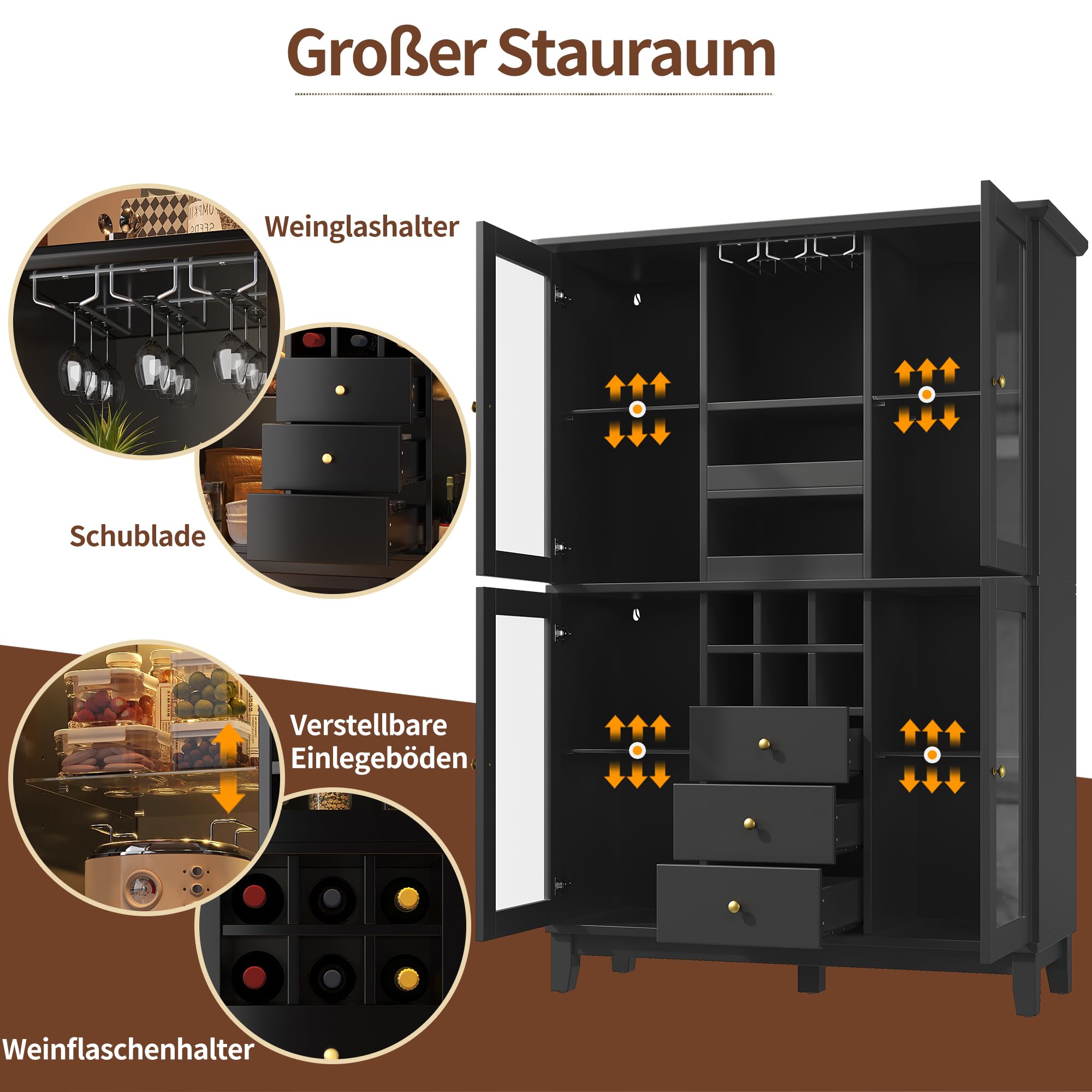 Weinschrank mit App-gesteuerter LED-Beleuchtung, 180,5x120x40 cm, Weinregal mit 3 Schubladen, Weinglas- & Flaschenhalter, Hausbar Weinbar, modernes Flaschenregal für Wohnzimmer & Esszimmer