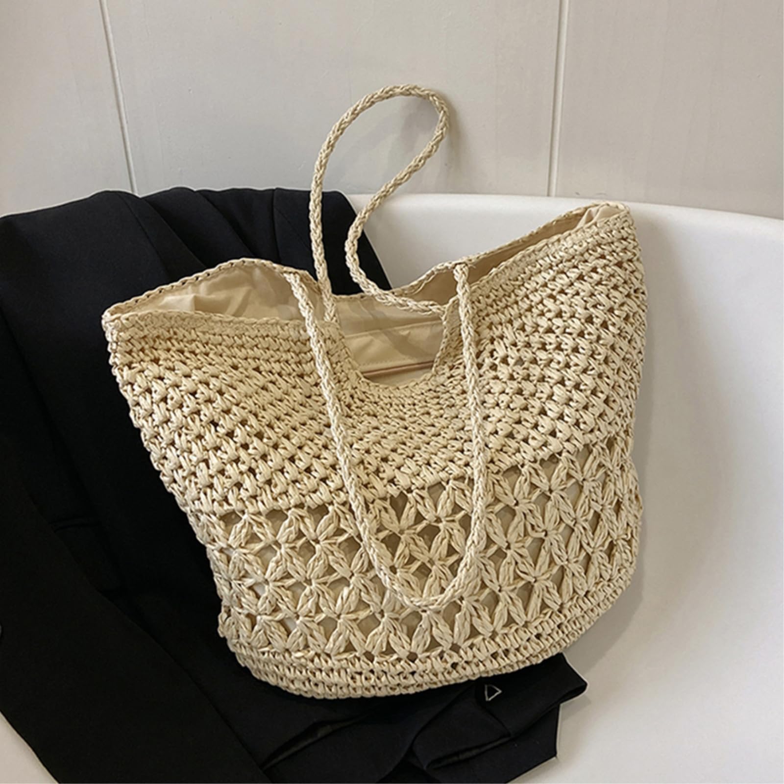 Borsa Spalla Paglia Raffia all'Uncinetto A Apertura Floreale, di Spiaggia Estiva Grande Capacità-creamy-white-37x2x45cm