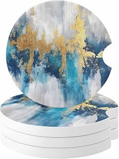 Abstract Blooming Effect Car Coaster, Watercolor Blue Gold Theme Absorbent Ceramic Coasters for Car, 4 Pcs Coasters for Auto Cupholder Accessories Keep Vehicle Clean 2.56inch