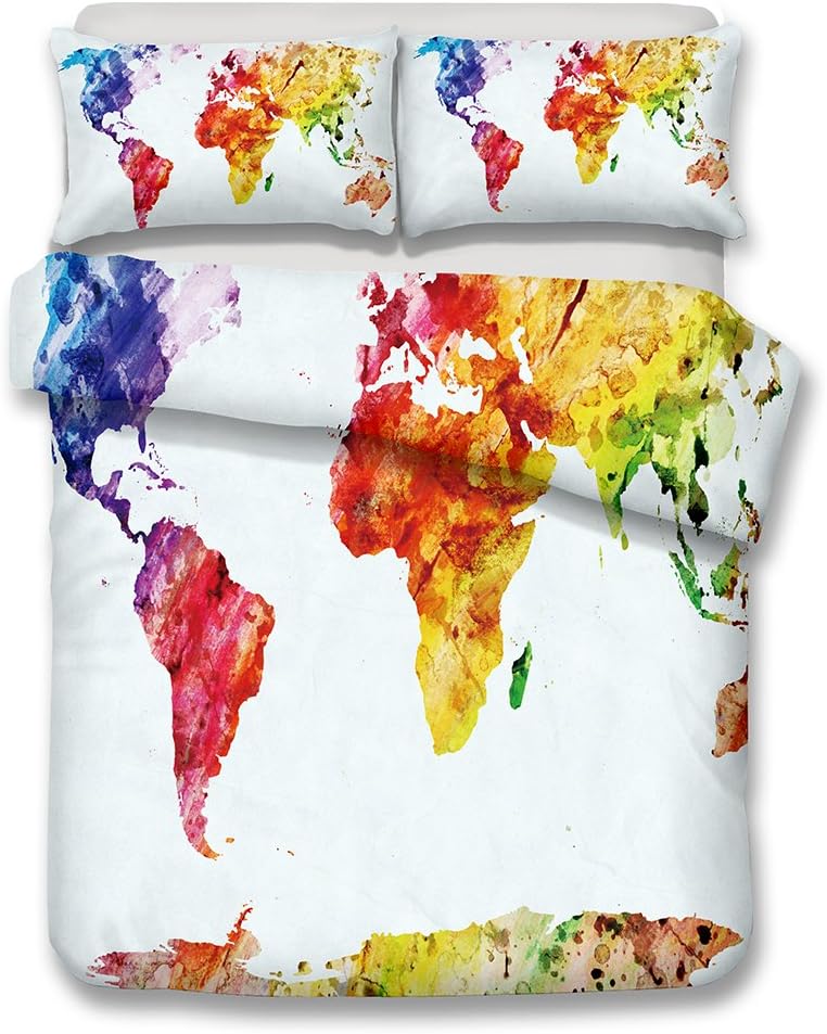 FASHION WORLD MAP pattern series 3D Bedding Set Print Duvet cover set lifelike bed sheet #2 (3, Double)