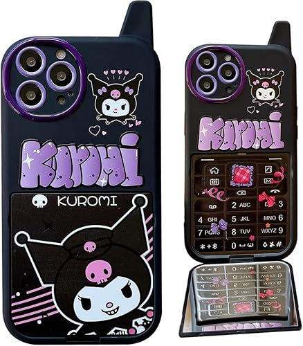 NATEROSO Funda de dibujos animados para iPhone 15 Pro Max de 6.7 pulgadas, funda retro Kawaii linda con espejo de maquillaje, suave a prueba de