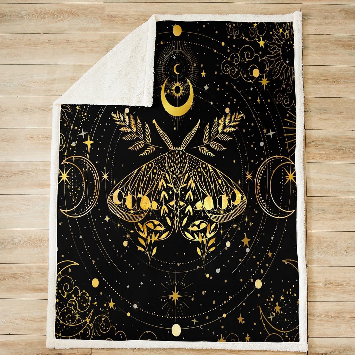 jejeloiu Moth Fleece Throw Blanket 40"x50" Bohe Plush Blanket for Bed Sofa Couch Bohemian Sherpa Blanket Breathable Sun Moon Warm Fuzzy Blanket Room Decor