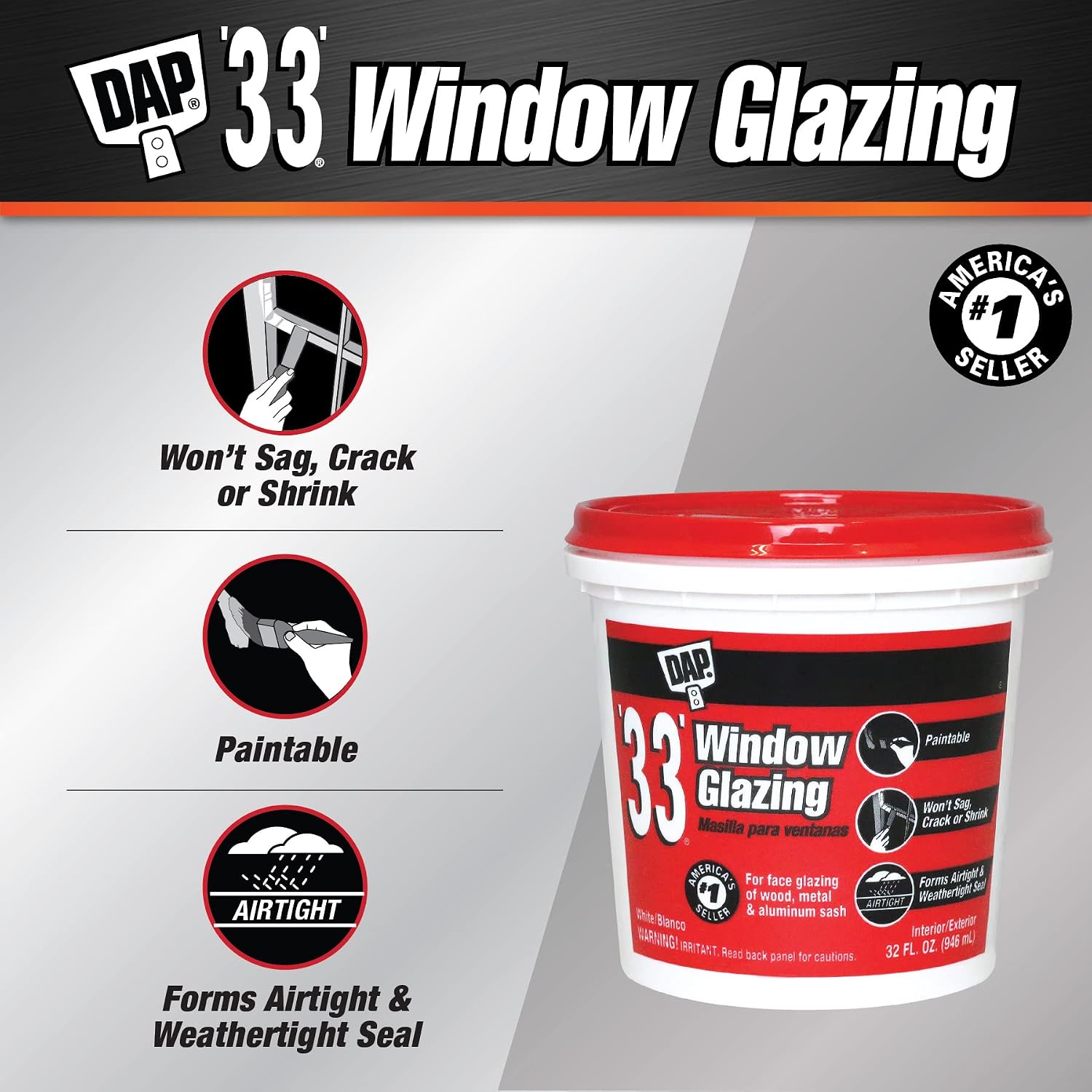Dap 12122 33 Glazing Compound, 1-Quart, White