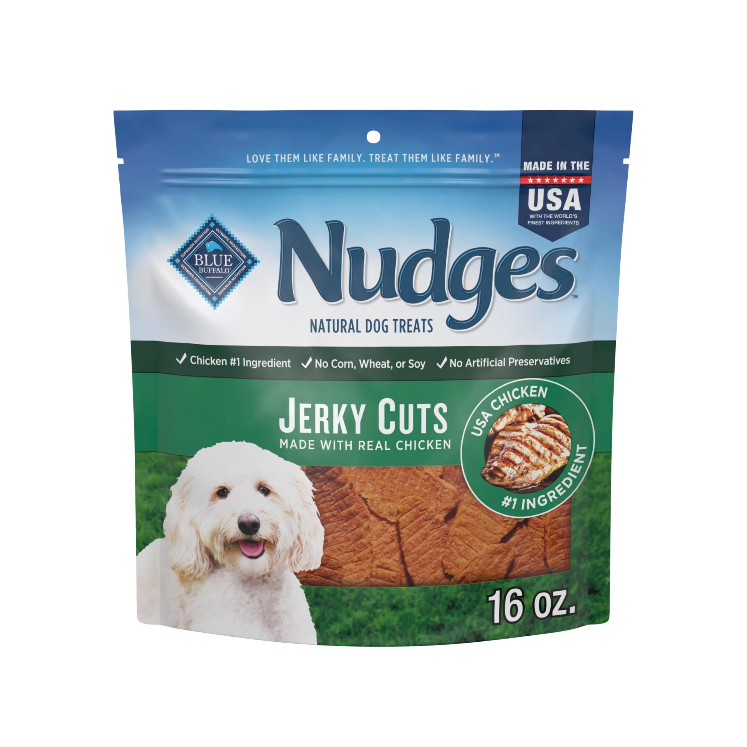 Blue Buffalo Nudges Jerky Bites Dog Treats, Made in the USA with Natural Ingredients, Bite-Sized Pieces, Chicken, 16-oz Bag