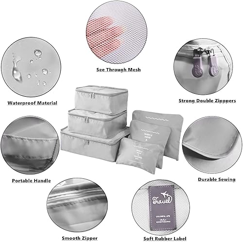 Vista 4 de Juego de 6 cubos de embalaje y bolsa de lavandería, organizadores de bolsas de almacenamiento de viaje para equipaje, maleta de mano de compresión