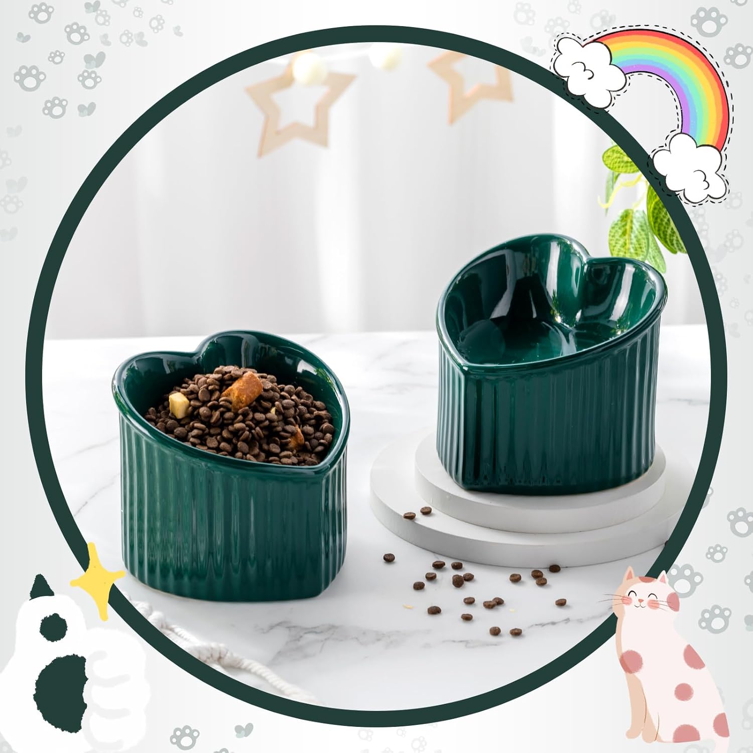 Mumufy 2 Pcs Ceramic Elevated Cat Bowls Tilted Elevated Raised Pet Bowls Anti Vomit Cat Dish for Indoor Stress Free Water Dish Feeder for Puppies, Heart Shaped(Peacock Green)