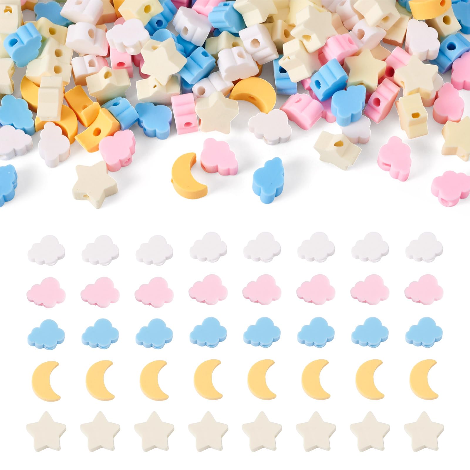 Bestewelry 200 pcs Sky Theme Polymer Clay Beads Moon/Star/Cloud Clay Beads Loose Spacer Bead for Bracelet Earring Necklace Jewelry Making
