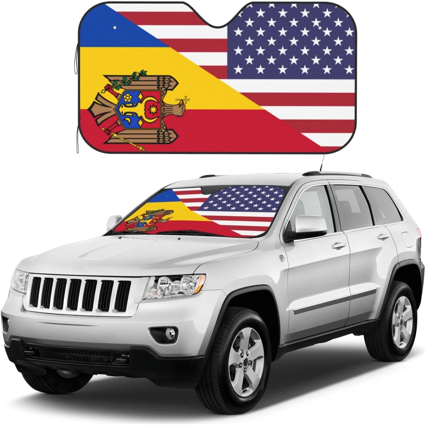 America Moldova Friendship Flag Foldable Car Windshield Sunshade Blocks Heat and Sun Glare Uv Rays