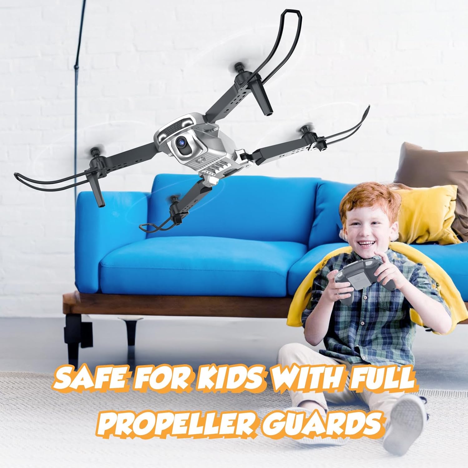 Drone with propeller guards installed, showing a child safely playing