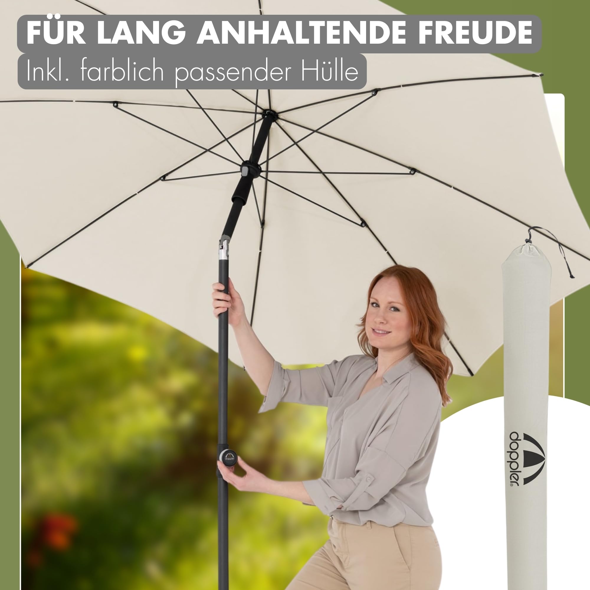 Doppler Sonnenschirm für den Garten Rethink 200cm in Natur - Runder Sonnenschirm für Balkon & Terrasse - Nachhaltiger Schirm aus 100% recyceltem Polyestergewebe - Balkonsonnenschirm mit Hülle