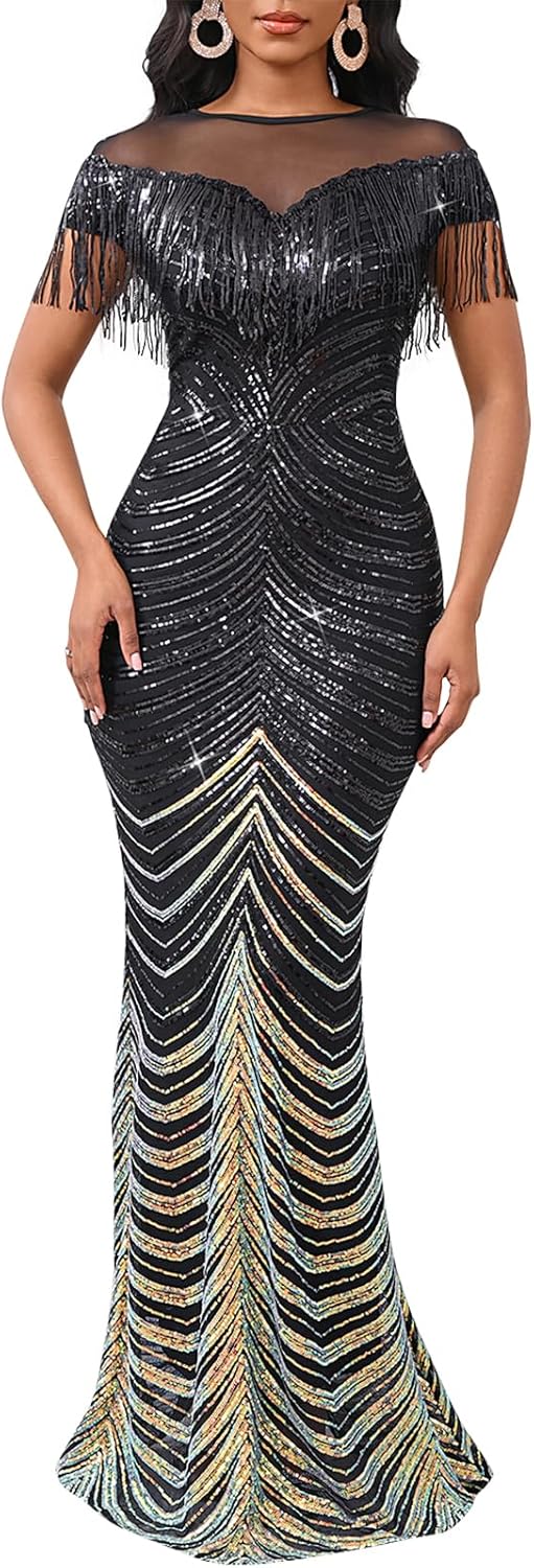 Cololura Sexy Sequin Tassel Mesh Perspective Party Cocktail Bodycon Evening Club Maxi Dress