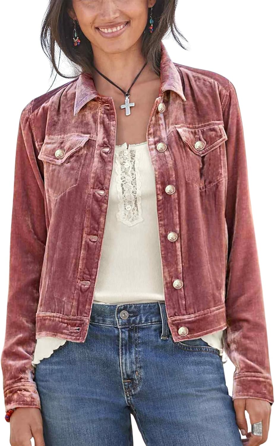 Women's Velvet Jacket Long Sleeve Button Down Cropped Open Front Coat with Pockets