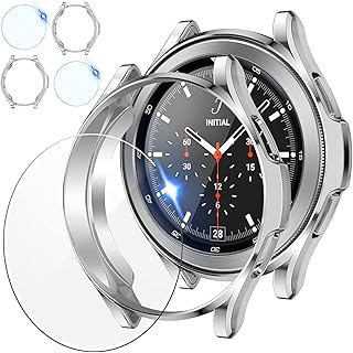 شاشة حماية متوافقة مع ساعة سامسونج جالاكسي 4 من في فولت، قطعتين من شاشة حماية من الزجاج المقوى وقطعتين من شاشة حماية من البولي يوريثين الحراري (46 ملم، لون فضي)، 4 قطع