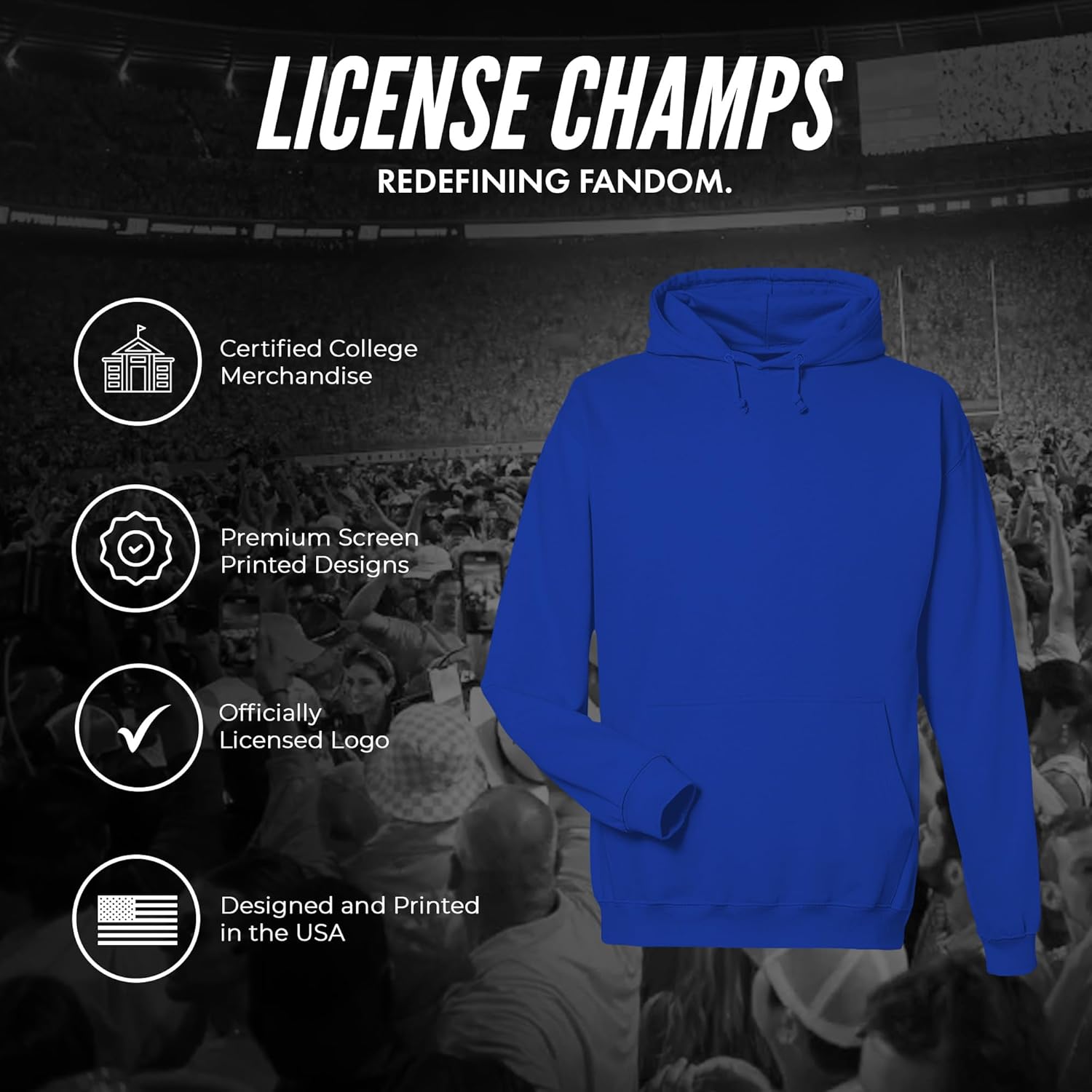 License Champs Hooded Sweatshirt | Official NCAA College Merch | Mens Womens Adult Hooded Sweatshirt | Mens Womens | Bar Logo