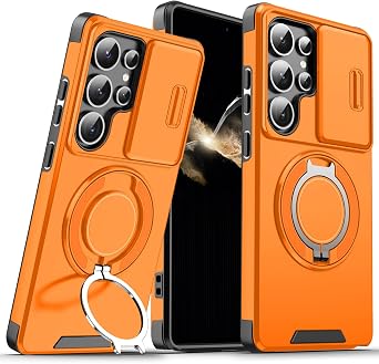 for Samsung Galaxy S25 Ultra Case with Slide Camera Cover and Rotating Kickstand Ring, Slim Magnetic Shockproof Accessories Phone Case for Samsung S25 Ultra Orange
