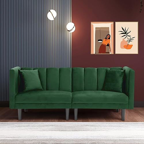 ManyStars Sofá cama futón convertible de terciopelo, moderno sofá cama con 2 almohadas, 3 ángulos ajustables para respaldo, sofá de sala de estar