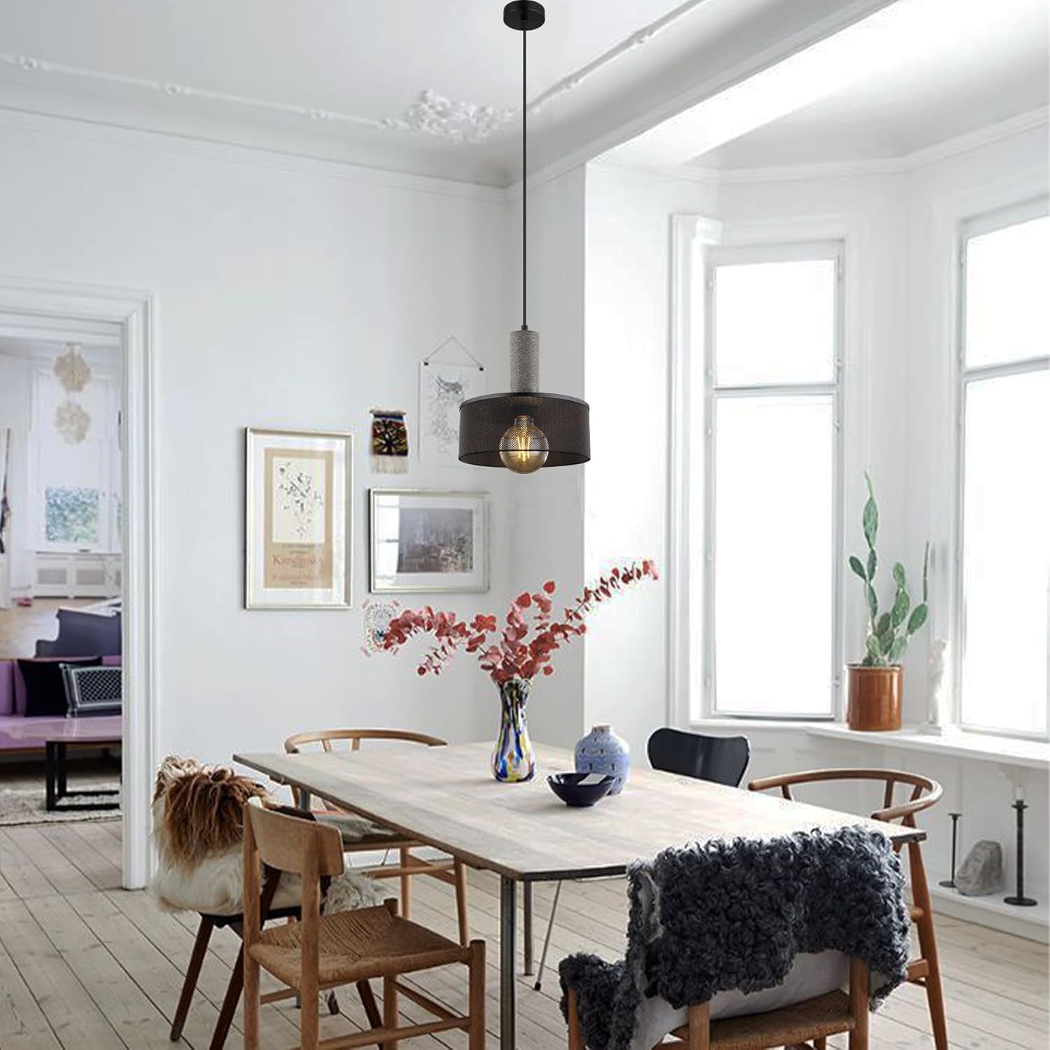 1 Pack Farmhouse Pendant Light Kitchen Island, 9.82" Modern Black Hanging Ceiling Lighting Fixture, Industrial Farmhouse Metal Lampshade Lamp Shade, Sloped Ceiling Adjustable