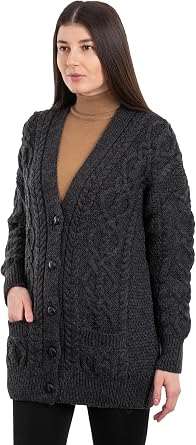 SAOL 100% Merino Wool Cable Knit Button Cardigan Long Sleeve with Pockets for Ladies