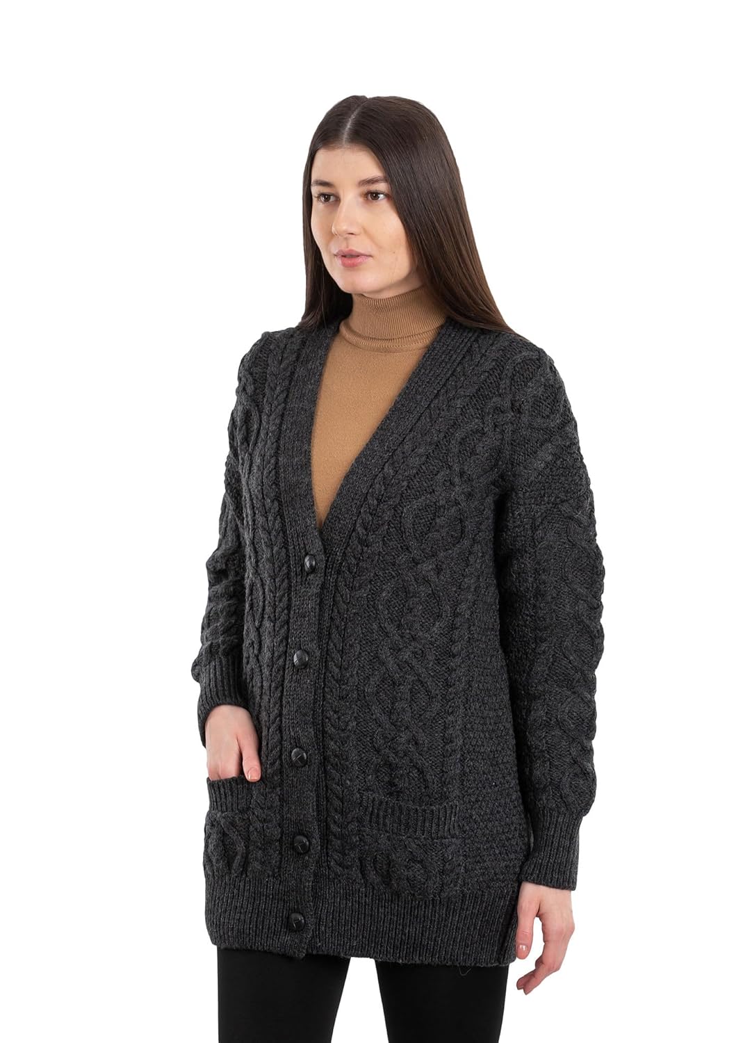 SAOL 100 Merino Wool Cable Knit Button Cardigan Long Sleeve with Pockets for Ladies