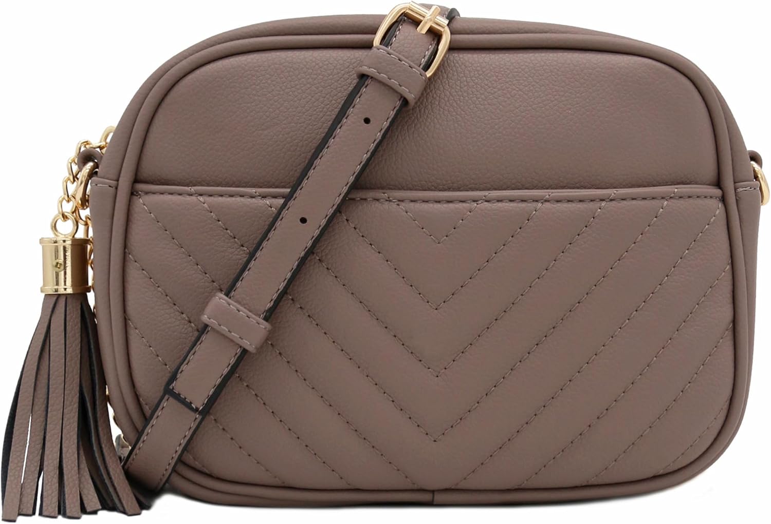 FashionPuzzle Chevron Quilted Crossbody Camera Bag with Chain Strap and Tassel