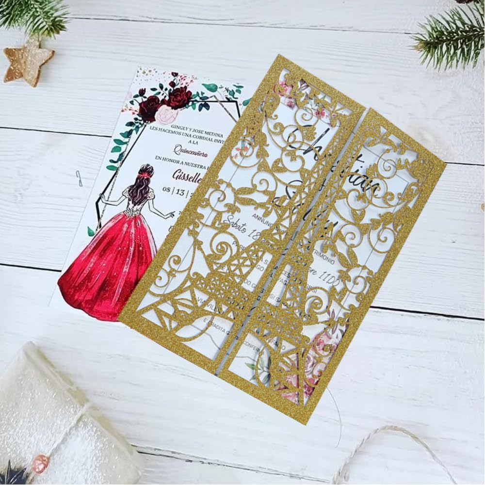 50 Sets Cream Eiffel-Tower Wedding Invitations With Light Pink Ribbon DIY Quinceanera Invitation for Birthday Party Dinner 5 * 7 Inch (Rose gold)