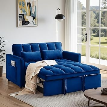 Convertible Sofa Bed, Pull Out Couch with Side Pockets, 3 in 1 Velvet Fabric Loveseat Sleeper Sofa Bed, Pull Out Couch with Adjustable Backrest for Living Room, Bedroom, Apartment, Blue