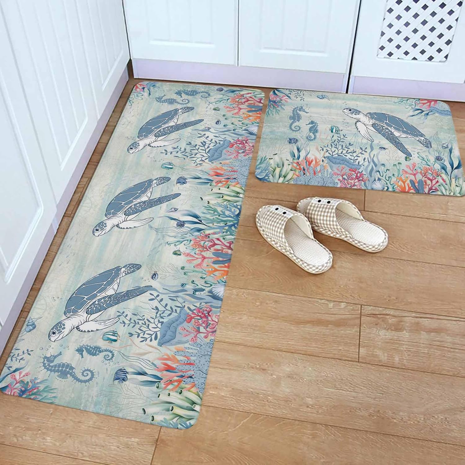 Teal Coastal Turtle Kitchen Rugs and Mats Set of 2, Non-Slip Kitchen Sink Mat, Beach Nautical Ocean Coral Seahorse Washable Doormat Bathroom Rugs Runner for Bedroom/Living Room 17.7"x30"+17.7"x47.2"