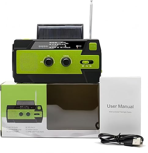 Miniatura 9 de Radio meteorológica portátil de manivela de emergencia, con AMFMWB, 3 linternas LED, lámpara de lectura de inducción, alarma SOS, batería recargable