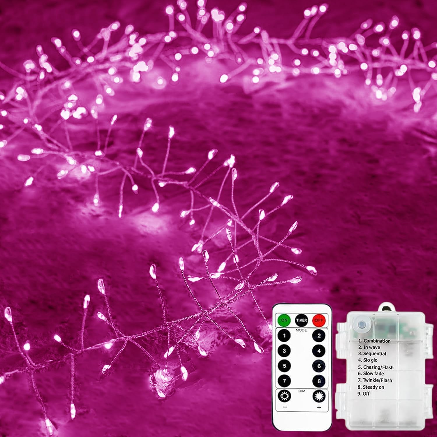 Firecrackers String Lights with Remote,KINGCO 1.5M 50LED Silver Wire Cluster Fairy Decorative Lights Battery Operated with Timer for Outdoor Indoor Bedroom Party Wedding Christmas Party (Pink)