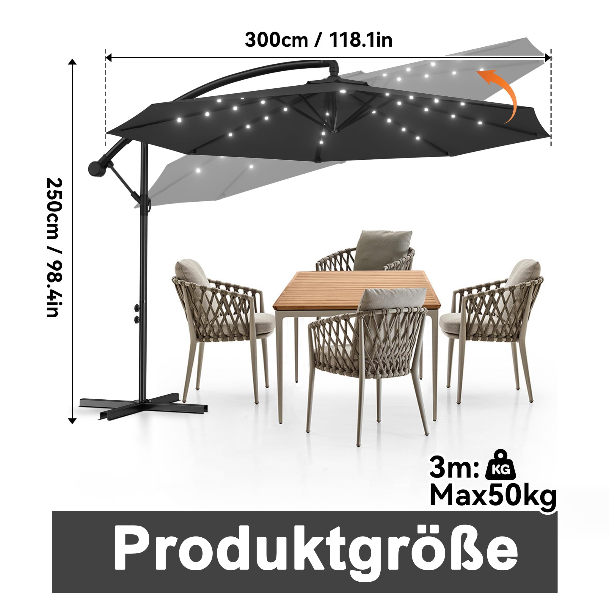 AufuN Aluminiowy parasol przeciwsłoneczny Ø 300 cm/Ø 350 cm z solarnym oświetleniem LED, parasol przeciwsłoneczny z korbą, regulacja wysokości, ochrona przed promieniowaniem UV 40+, wodoodporne obicie