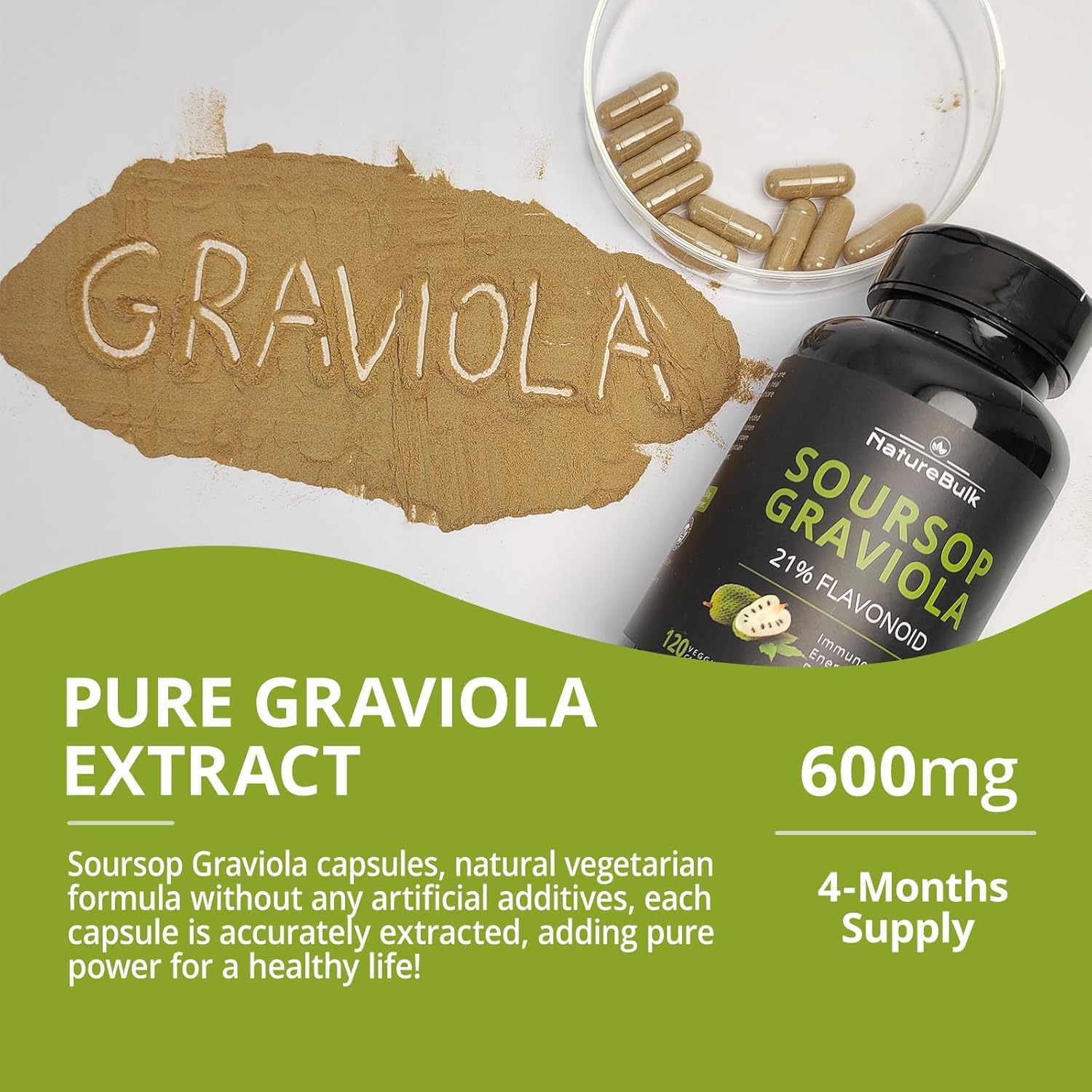 Graviola Capsules Pure Leaf Extract, 100% Natural, Pure 600mg per Serving, Daily Support for Immune, Digestive - 4 Months Supply - Image 4