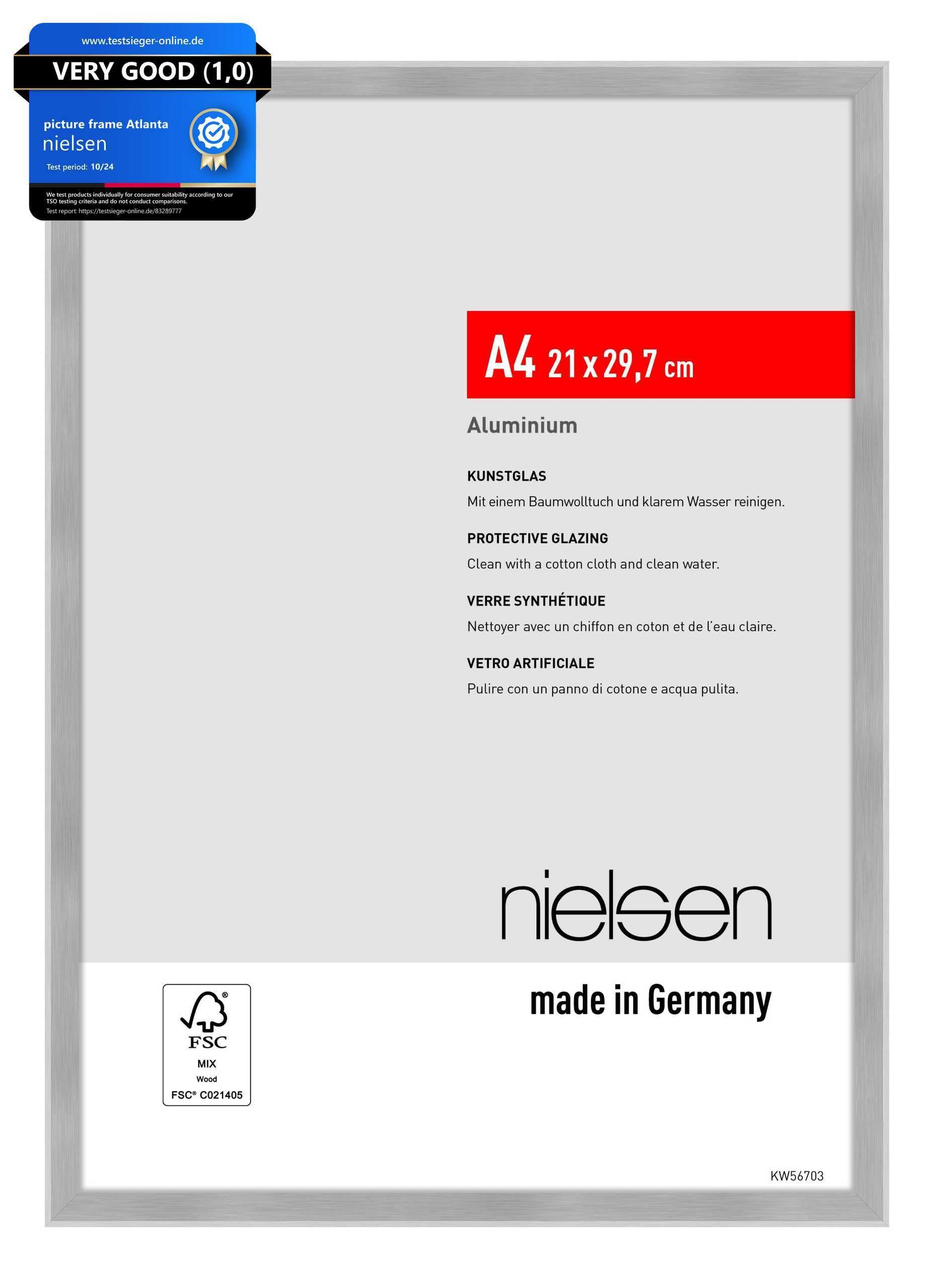 nielsen Atlanta Aluminium Picture Frame - Brushed Silver A4, 21x29.7cm - with Synthetic Glass and Push-Turn Clips