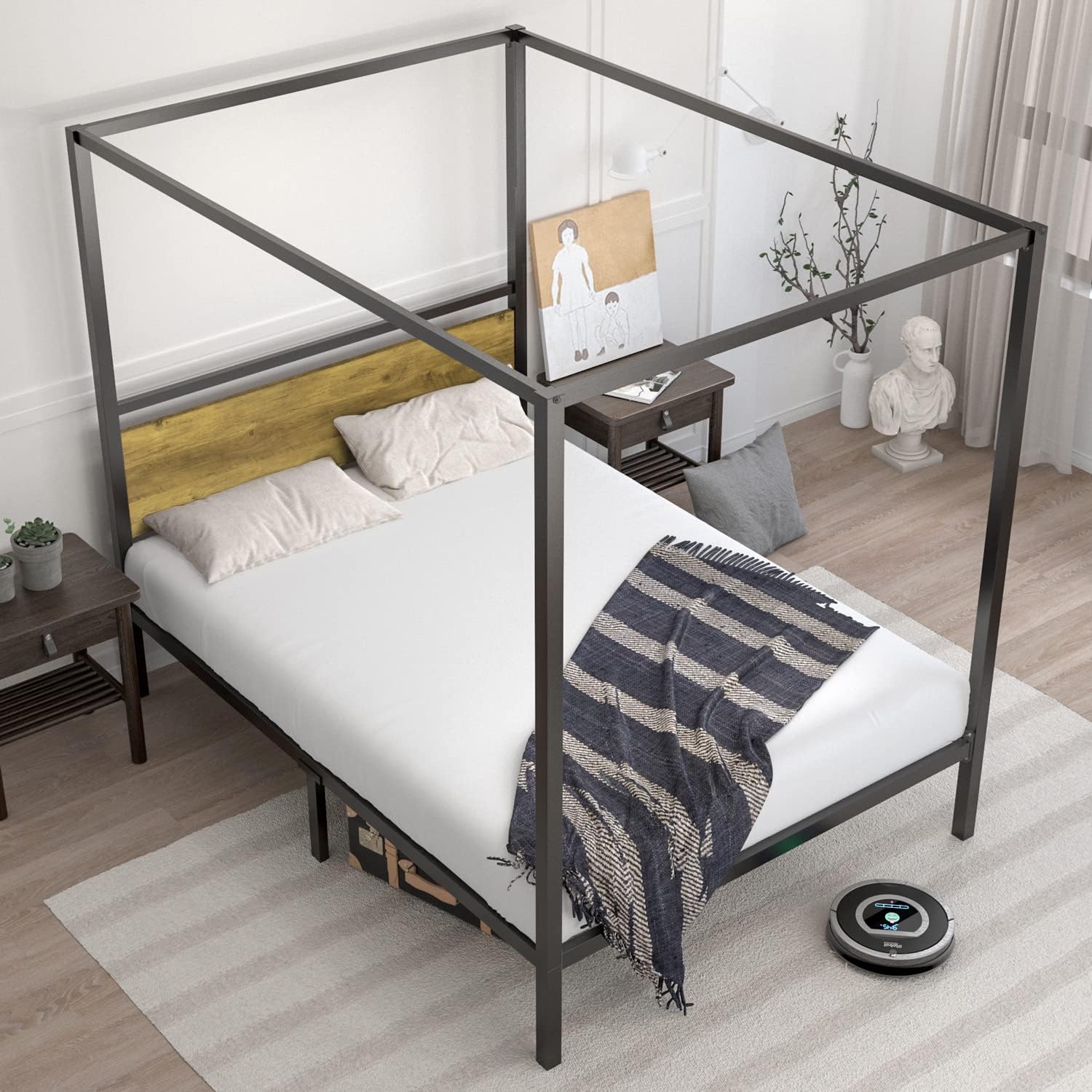 IMUsee Black Metal Canopy Platform Bed Frame, Four-Poster Canopied Bed with Wooden Headboard, 13 Wood Slats Support, No Box Spring Needed, Easy Assembly, Light Brown, Full