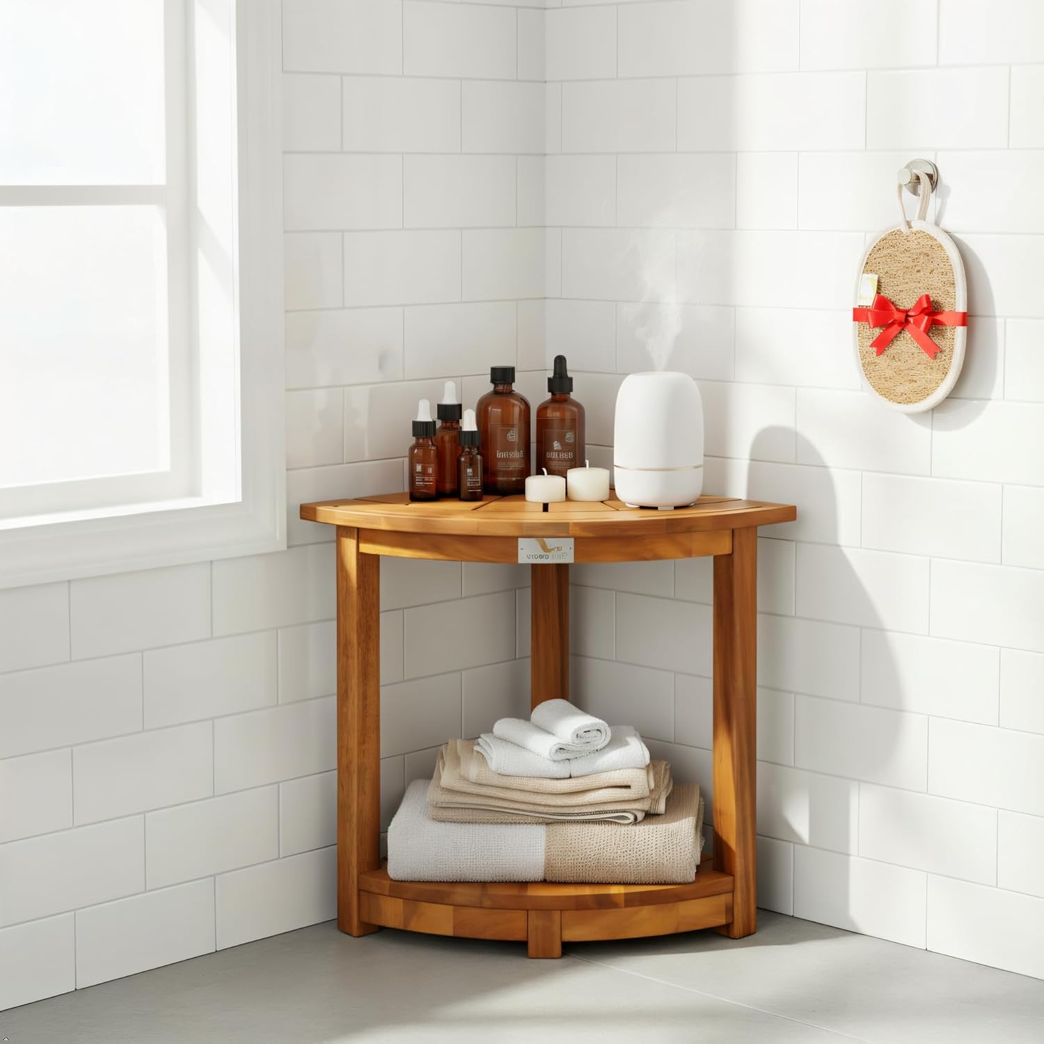 Acacia Wood Corner Shower Stool - Waterproof Triangular Bathroom Bench with Storage Shelf & Soap Dish for Shaving, Natural Wood (17.9x12.7x16.5)