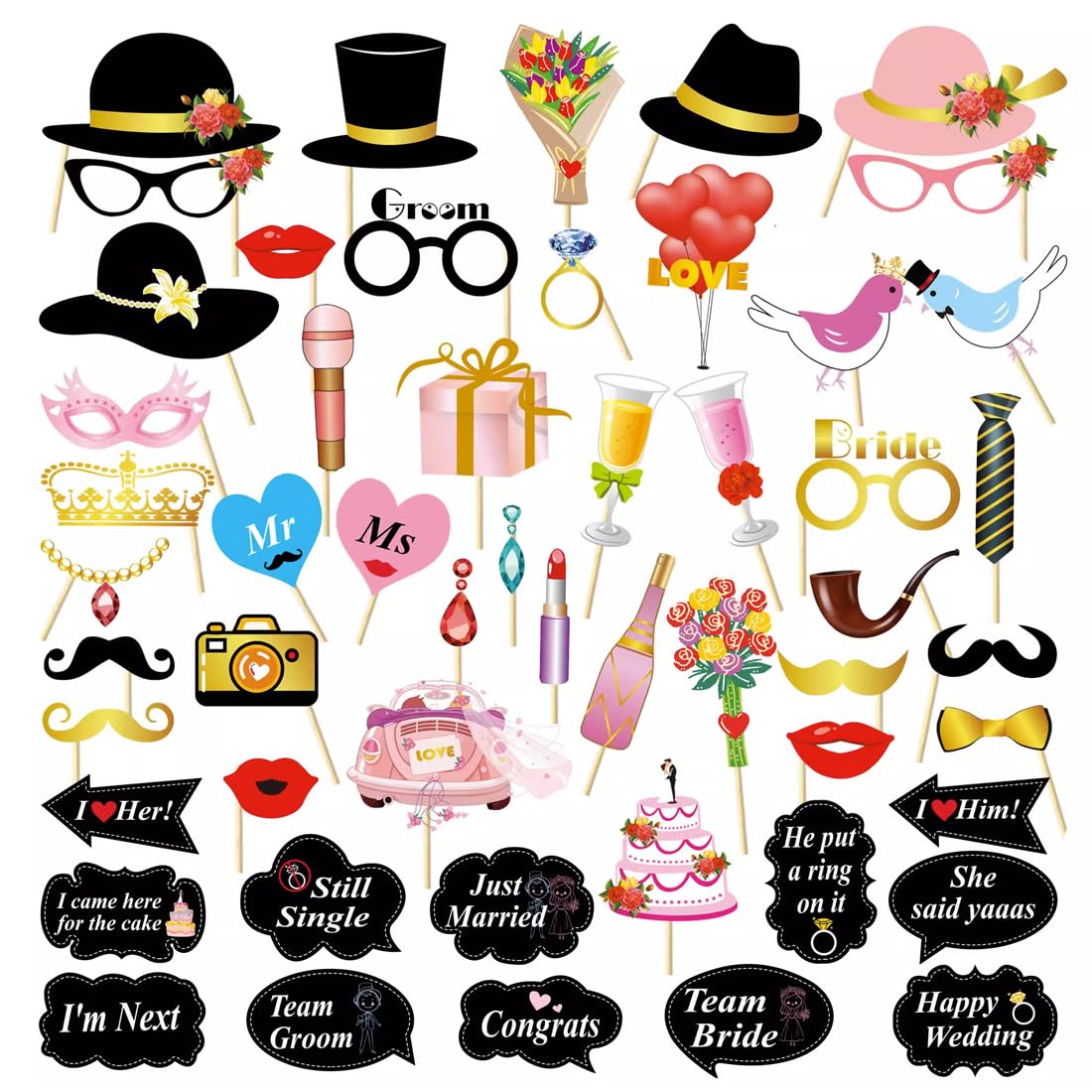 KGDUYC 53 Piezas Photo Booth Boda Accesorios-Divertidos Boda Fotos Props Booth Cabina Fotográfica Apoyo Marco Accesorios Kit para Fiesta Boda Gadget,para Decoraciones Fiesta Cumpleaños