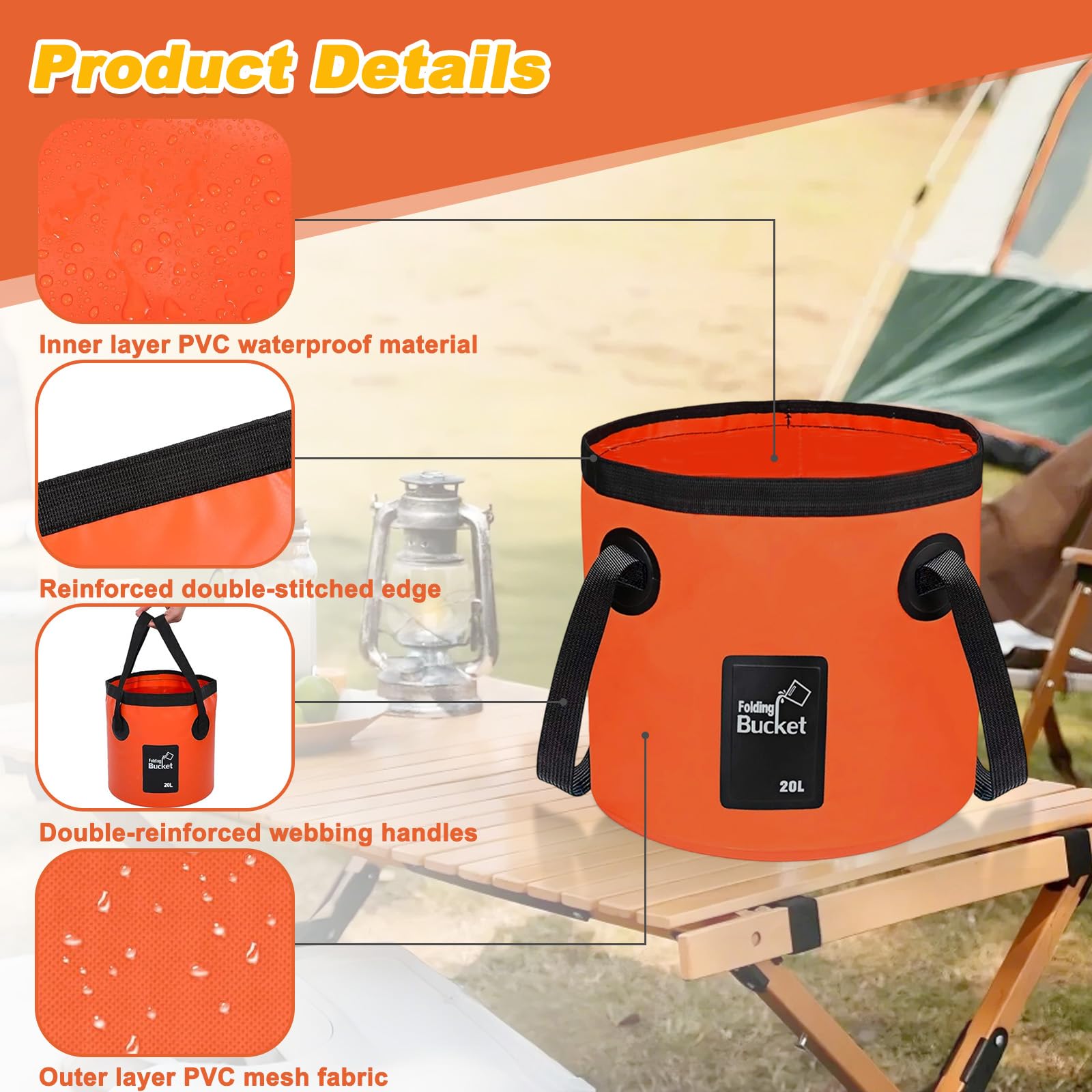 2 Pezzi Secchio Acqua Pieghevole 20 L, Contenitore Portatile Multifunzionale, Secchio Lavaggio Esterno Portatili per Campeggio, Viaggiare, Escursionismo, Pesca, Nautica (Arancione)